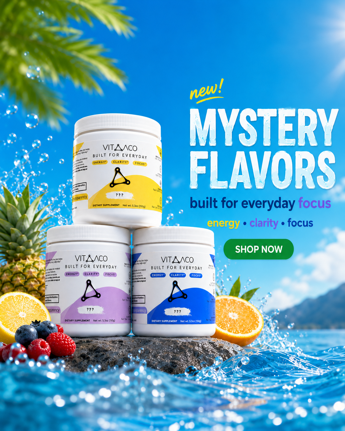 Vitaaco mystery flavors, built for everyday focus, energy, clarity and focus