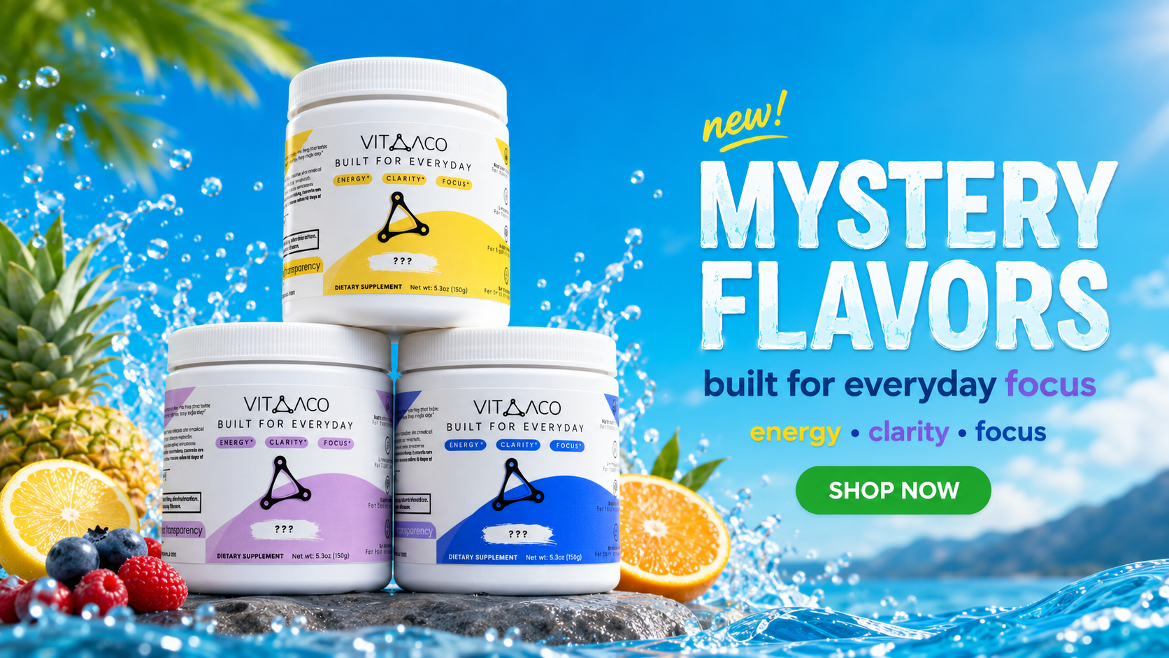 Vitaaco mystery flavors, built for everyday focus, energy, clarity and focus
