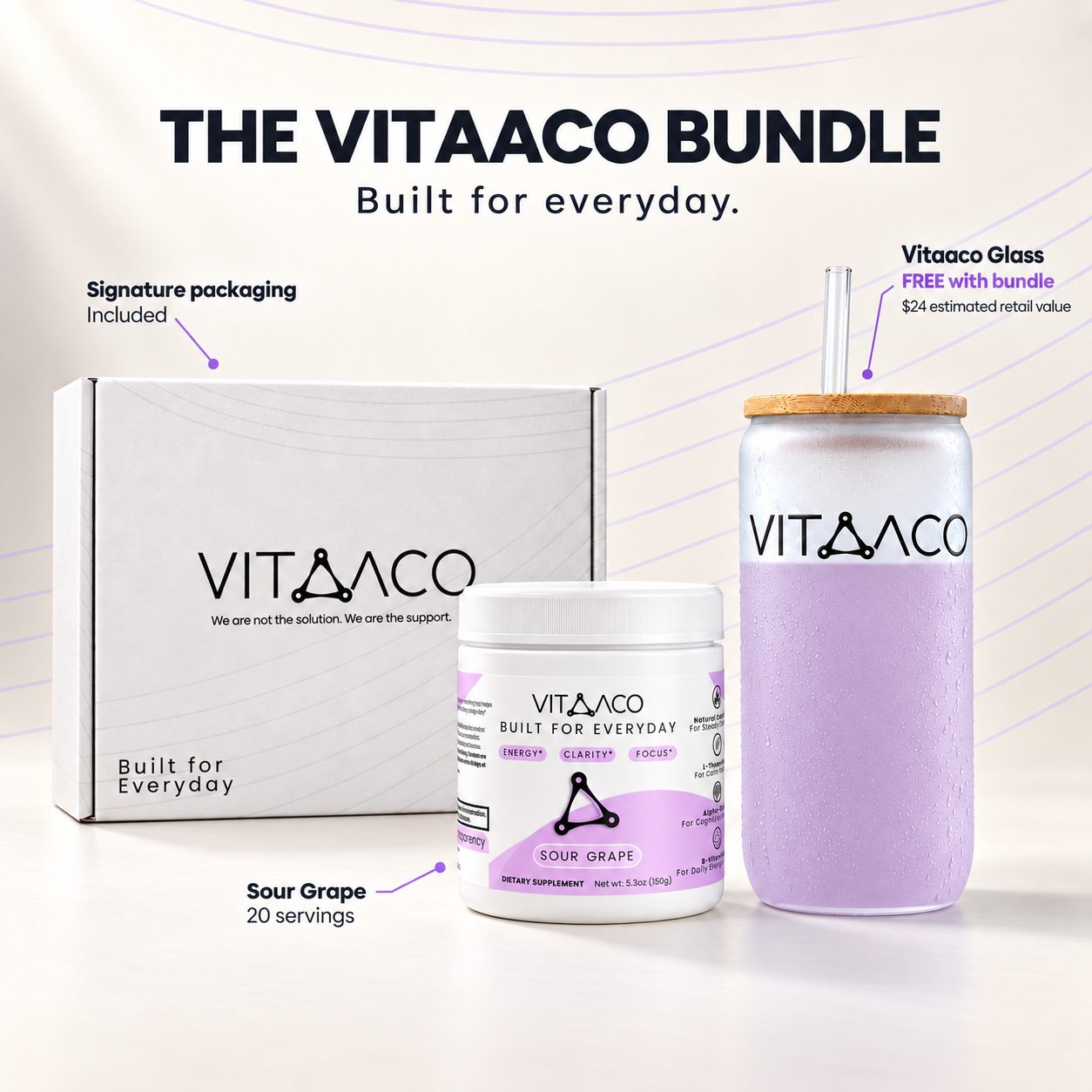 Sour Grape bundle: tub, signature packaging and free Vitaaco glass