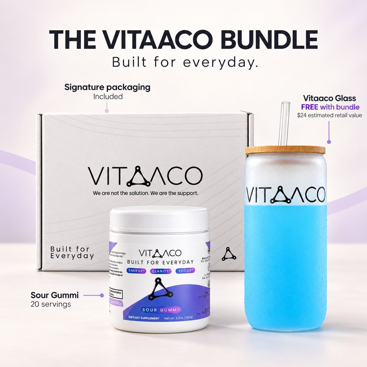 Sour Gummi bundle: tub, signature packaging and free Vitaaco glass